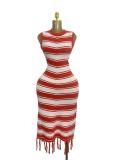 Tight striped fringe fur dress, knitted dress