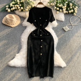 V-neck short sleeved button knit dress, hip hugging skirt