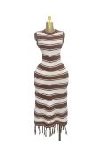 Tight striped fringe fur dress, knitted dress