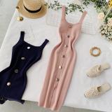 Square collar buckle sleeveless vest with split bottom skirt