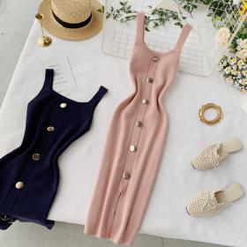 Square collar buckle sleeveless vest with split bottom skirt