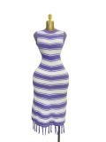 Tight striped fringe fur dress, knitted dress