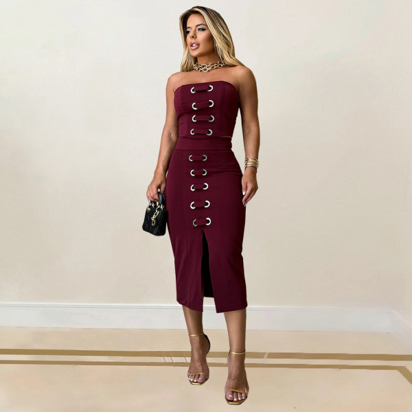 Strapless top, split skirt