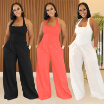 Loose backless hanging neck solid color jumpsuit Loose backless hanging neck solid color jumpsuit