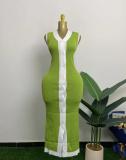 Color blocked threaded single breasted V-neck sleeveless elastic knit dress