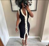 Color blocked threaded single breasted V-neck sleeveless elastic knit dress