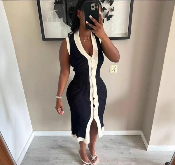 Color blocked threaded single breasted V-neck sleeveless elastic knit dress