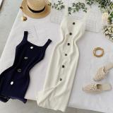 Square collar buckle sleeveless vest with split bottom skirt