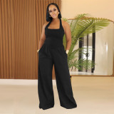 Loose backless hanging neck solid color jumpsuit