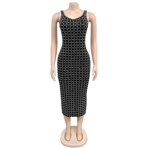 Backless rhinestone camisole wrapped arm dress