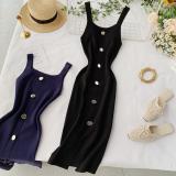 Square collar buckle sleeveless vest with split bottom skirt