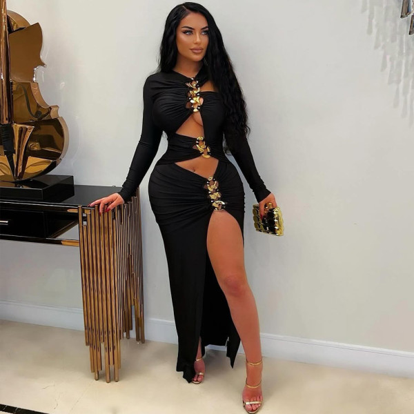 Black tight dress with hollowed out slit dress, long skirt