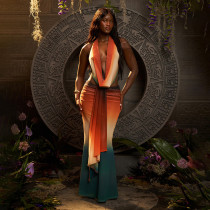 Hanging neck color blocked mesh printed skirt two-piece set