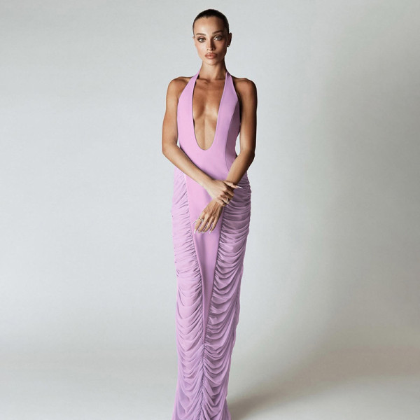 Hanging neck V-neck patchwork mesh high waisted jumpsuit long skirt
