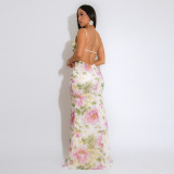 Strap V-neck high slit sequin dress with velvet bead print long skirt