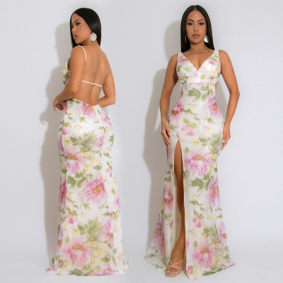 Strap V-neck high slit sequin dress with velvet bead print long skirt