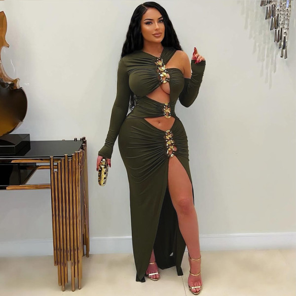 Black tight dress with hollowed out slit dress, long skirt