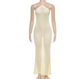 Hanging neck knitted hollow out backless jumpsuit