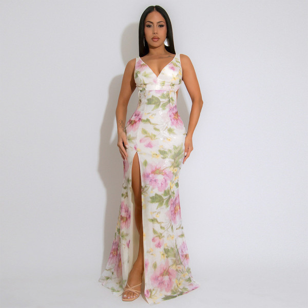 Strap V-neck high slit sequin dress with velvet bead print long skirt