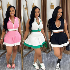 Sleeveless Zipper Top with Short Skirt Set