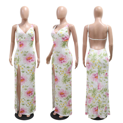 Strap V-neck high slit sequin dress with velvet bead print long skirt