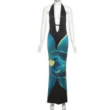 Flower print hanging neck, exposed navel, hip hugging jumpsuit, long skirt