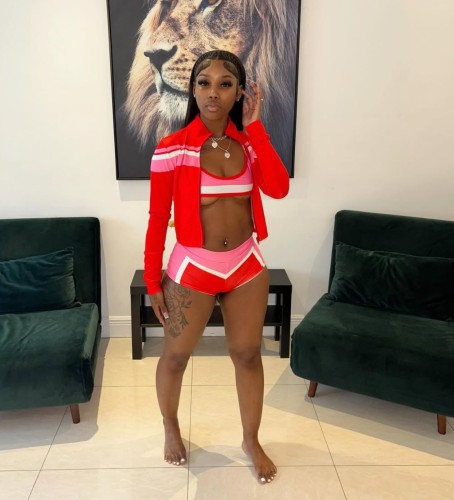 Color blocked bikini shorts top three piece set FC1372