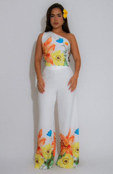 Elastic wide leg pants diagonal shoulder two-piece set