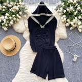 3D relief hooded sleeveless knitted top, high waist wide leg shorts