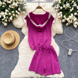 3D relief hooded sleeveless knitted top, high waist wide leg shorts