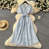 Single breasted hollowed out embroidered round neck waist cinched short sleeved dress