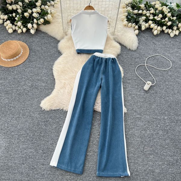 Collar sleeveless denim vest, high waist wide leg straight leg pants