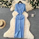 V-neck metal single breasted hip hugging knitted dress