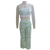 Printed suspender wrapped chest lace contrasting bell bottom pants set