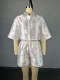 Nail bead collar bat sleeve shirt high waisted shorts two-piece set