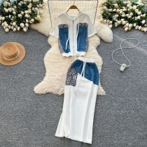 Leopard print patchwork hooded sweatshirt high waisted split hip skirt set