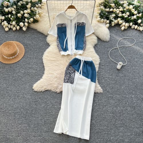 Leopard print patchwork hooded sweatshirt high waisted split hip skirt set