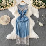 Lace patchwork V-neck sleeveless denim dress