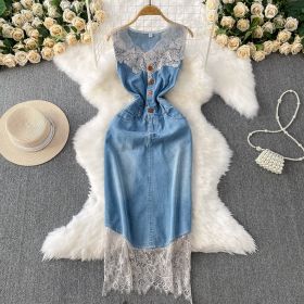 Lace patchwork V-neck sleeveless denim dress