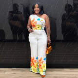 Elastic wide leg pants diagonal shoulder two-piece set