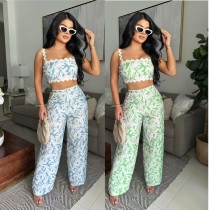 Printed suspender wrapped chest lace contrasting bell bottom pants set Printed suspender wrapped chest lace contrasting bell bottom pants set