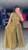 Large size hot stamping sleeveless irregular top loose wide leg pants set