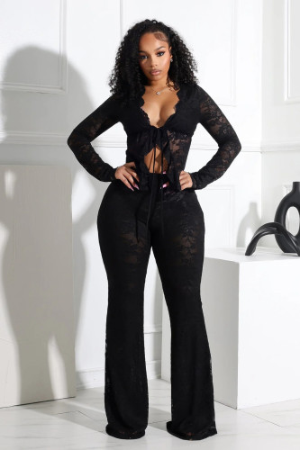Lace up hollow cardigan long sleeved lace shirt lace pants two-piece set