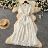 Single breasted hollowed out embroidered round neck waist cinched short sleeved dress