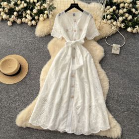 Single breasted hollowed out embroidered round neck waist cinched short sleeved dress
