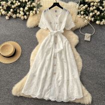 Single breasted hollowed out embroidered round neck waist cinched short sleeved dress Single breasted hollowed out embroidered round neck waist cinched short sleeved dress