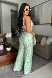 Printed suspender wrapped chest lace contrasting bell bottom pants set