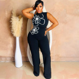 Round neck sleeveless one-piece floral jumpsuit pants