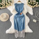 Lace patchwork V-neck sleeveless denim dress