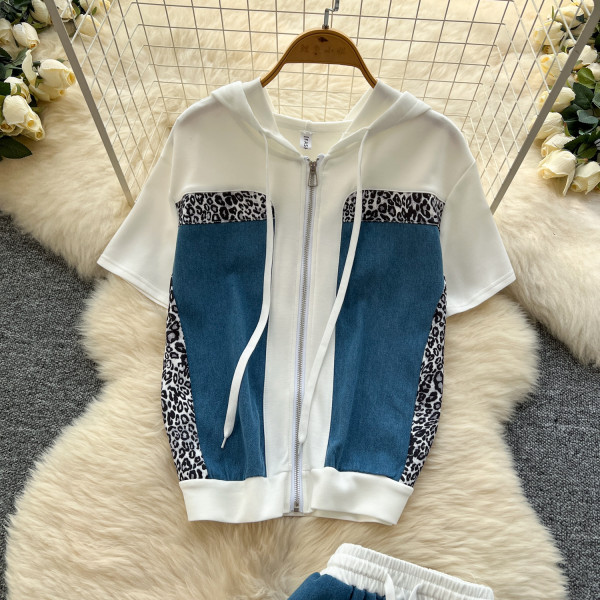 Leopard print patchwork hooded sweatshirt high waisted split hip skirt set